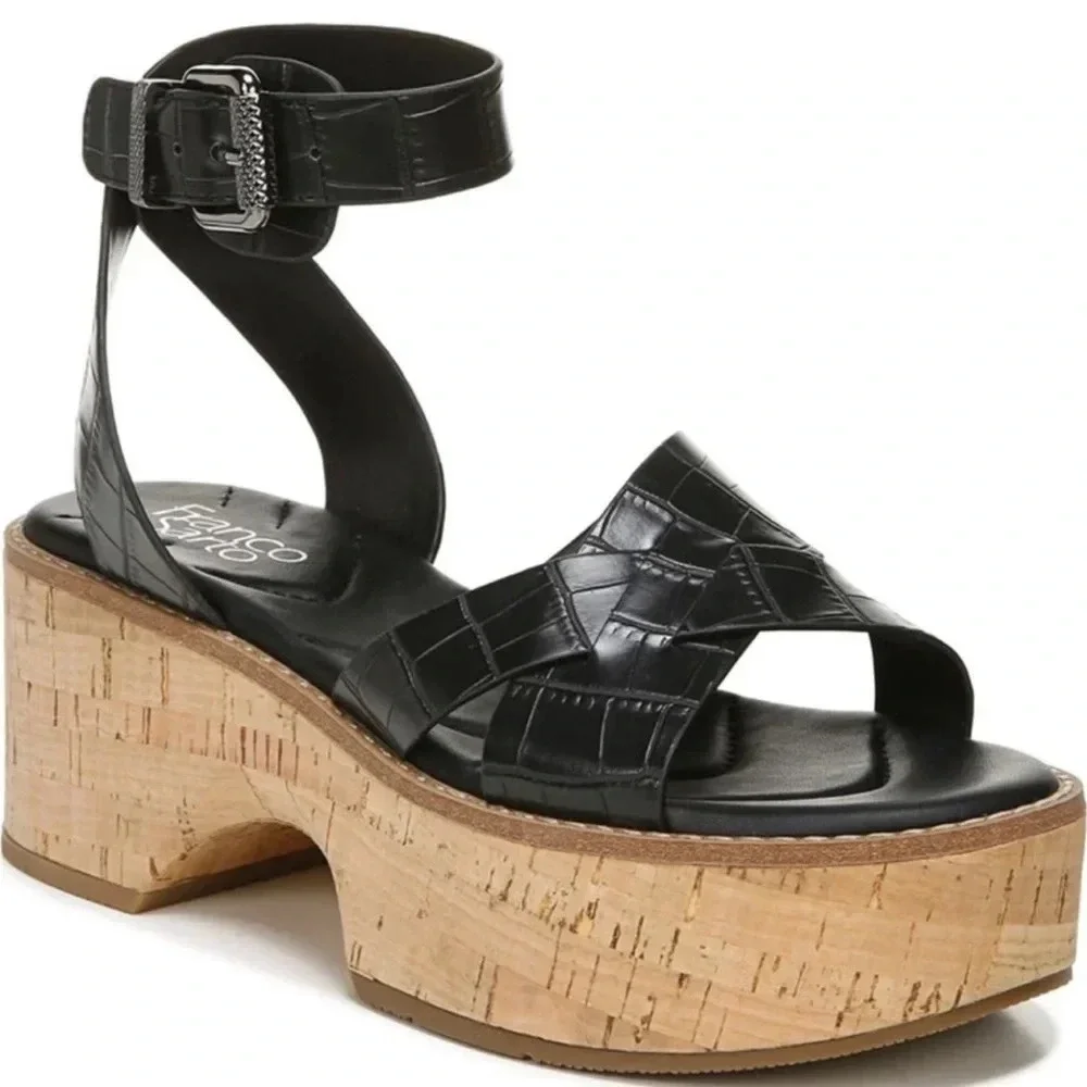 New Franco Sarto Sabello Platform Sandal cork Croc Embossed black animal print